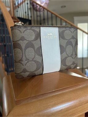 Coach Corner Zip Wristlet in Brown Signature Canvas